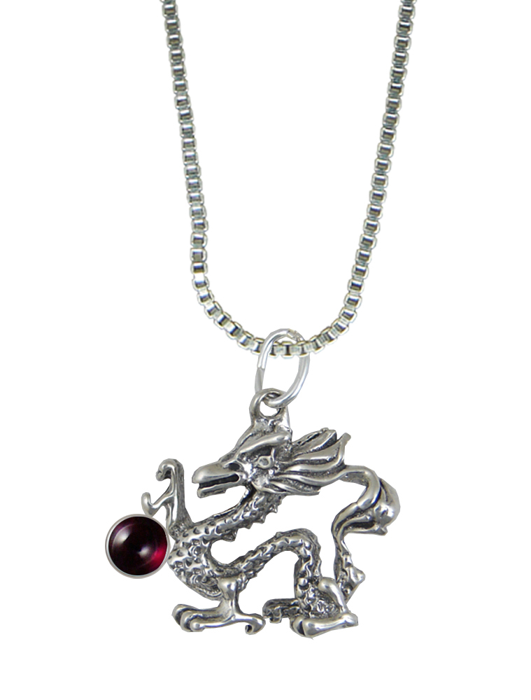 Sterling Silver Oriental Dragon Pendant With Garnet